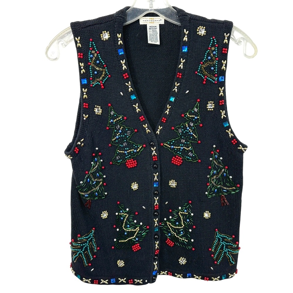 Yarnworks Medium Christmas Sweater Vest Black Beaded Embroidered Trees Ugly 1000